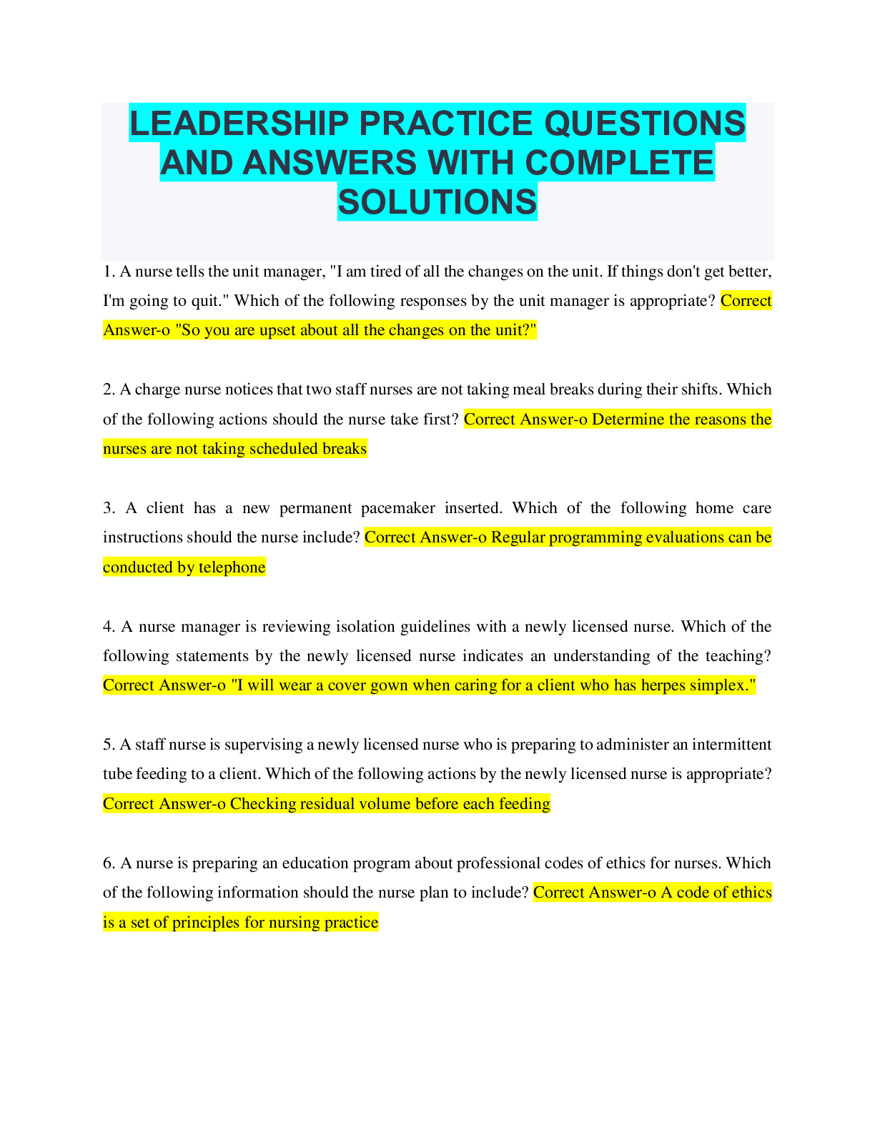 Preview image of LEADERSHIP PRACTICE QUESTIONS AND ANSWERS WITH COMPLETE SOLUTIONS document